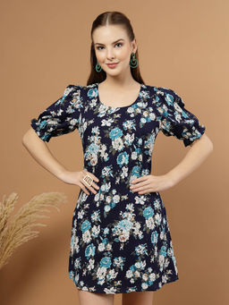 RAASSIO - Women Floral Printed A-Line Dress with Lining- Blue