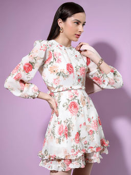 TOKYO TALKIES - Floral Printed Fit and Flare Dress-White