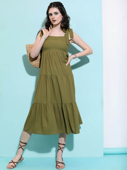 TOKYO TALKIES - Green Gathered Tiered Fit and Flared Dress