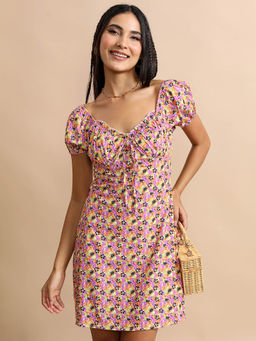 TOKYO TALKIES - Floral Printed Puff Sleeves A-Line Dress