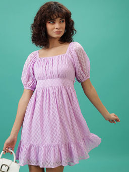 TOKYO TALKIES - Lavender Self Design Tie Up Details Fit and Flare Dress