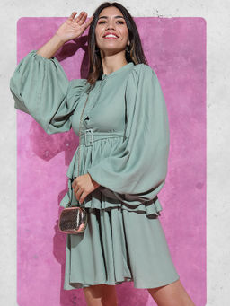 TOKYO TALKIES - Women Gorgeous Green Fit and Flare Dress with Belt