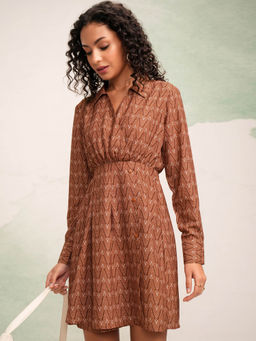 TOKYO TALKIES - Women Rust Fit and Flare Full Sleeve Dress