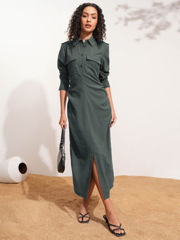 TOKYO TALKIES - Women Green Solid Button-down Shirt Dress