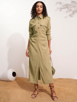 TOKYO TALKIES - Women Olive Solid Button-down Shirt Dress