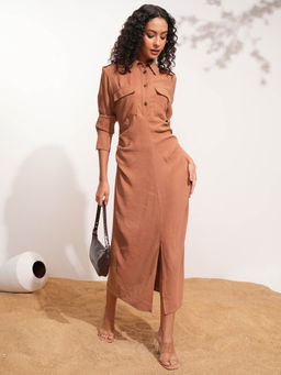 TOKYO TALKIES - Women Rust Solid Button-down Shirt Dress