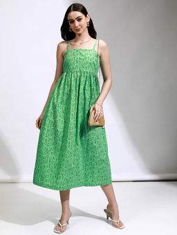 TOKYO TALKIES - Women Green Printed Fit and Flare Smocked Dress