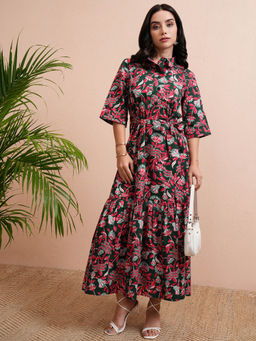 TOKYO TALKIES - Women Green and Multi Printed flared Dress with Belt