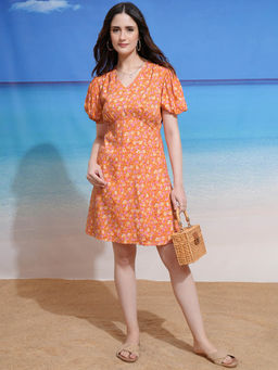 TOKYO TALKIES - Women Peach Floral Printed A-Line Dress
