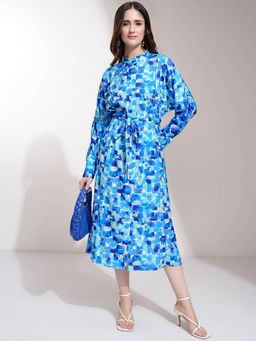 TOKYO TALKIES - Women Blue Printed Waist Tie Up Dress with Belt
