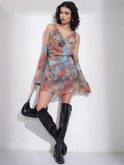 TOKYO TALKIES - Women Blue Multi Printed Cowl Neck Off Shoulder Dress