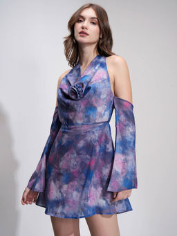 TOKYO TALKIES - Women Navy Blue Multi Off Shoulder Mini Dress