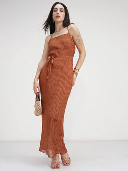 TOKYO TALKIES - Women Rust Solid Pleated Strappy Dress with Belt