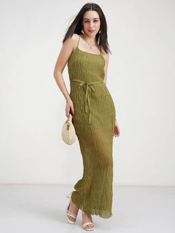 TOKYO TALKIES - Women Olive Solid Pleated Strappy Dress with Belt