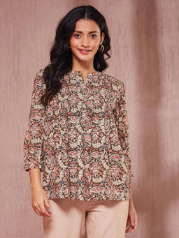 Fabindia - Brown Cotton Kalamkari Printed Top