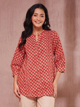 Fabindia - Red Cotton Kalamkari Printed Top