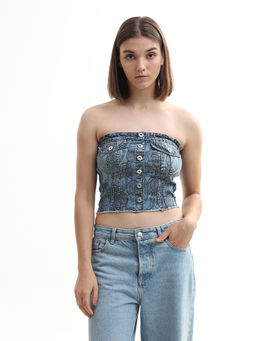 ONLY - X Mickey Blue Scribble Print Denim Tube Top