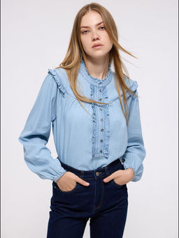 Cover Story - Blue Ruffle Neck Top