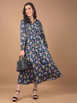 CRIMSOUNE CLUB - Women's Navy Blue Floral Print V-Neck Maxi Dress