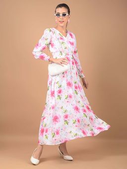 CRIMSOUNE CLUB - Women's Pink Floral Print V-Neck Maxi Dress