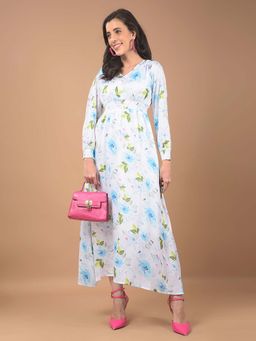 CRIMSOUNE CLUB - Women's Blue Floral Print V-Neck Maxi Dress