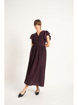 Femmella - Wine Ruffle Sleeves Maxi Dress with Belt (Set of 2)