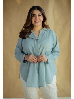 The Indian Ethnic Co. - Sky Blue Anti-Fit Solid Cotton Embroidered Short Tunic With Shirt Collar