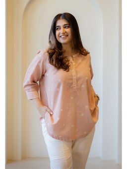 The Indian Ethnic Co. - Peach A-Line Printed Cotton Embroidered Short Top With Mandarin Collar