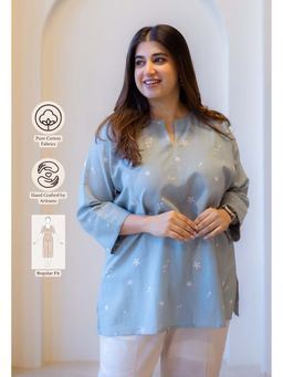 The Indian Ethnic Co. - Sky Blue Straight Printed Cotton Embroidered Top