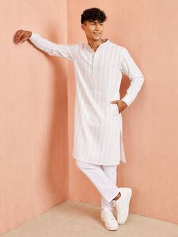 Vastramay - Men White Cotton Embroidered Kurta with Pyjama
