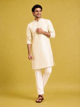 Vastramay - Men Cream Knee Length Kurta with Pyjama