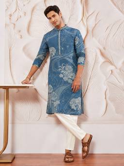 Vastramay - Men Blue Linen Cotton Kurta with Pyjama