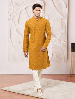 Vastramay - Men Mustard Rayon Kurta with Pyjama
