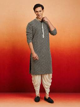 Vastramay - Men Black Rayon Embroidered Knee Length Kurta with Dhoti