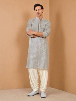 Vastramay - Men Grey Rayon Embroidered Knee Length Kurta with Patiala