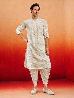 Vastramay - Men Off-White Rayon Embroidered Knee Length Kurta with Dhoti