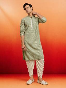 Vastramay - Men Mint Rayon Embroidered Knee Length Kurta with Dhoti