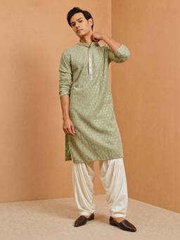 Vastramay - Men Sage Rayon Embroidered Knee Length Kurta with Patiala