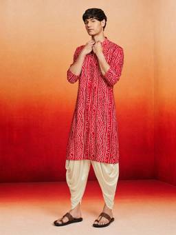 Vastramay - Men Red Rayon Kurta with Dhoti