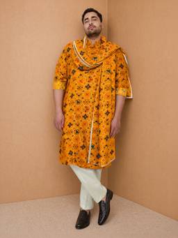 Vastramay - Men Yellow Rayon Digital Patola Print Knee Length Kurta Pyjama with Dupatta