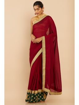 Soch - Women Maroon Silk Solid & Plain Saree with Unstitched Blouse