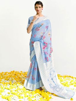 Odette - Women Modal Turquoise Digital Print Designer Saree with Unstitched Blouse