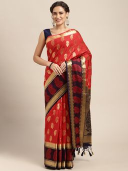 Mimosa - Women's Kanjivaram Art Silk Red Saree with Unstitched Blouse