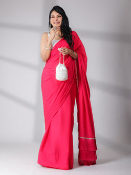 Swtantra - Stretch Pink Saree with Long Fringes Lace & Unstitched Blouse Fabric