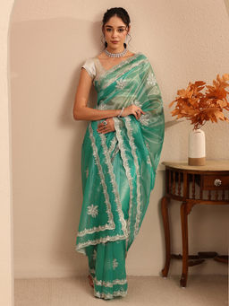 Libas - Womens Green Embroidered Saree with Unstitched Blouse