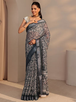 Libas - Womens Black Printed Saree with Unstitched Blouse