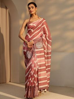 Libas - Womens Brown Stripes Printed Saree with Unstitched Blouse