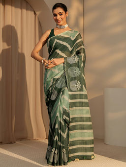Libas - Womens Green Stripes Printed Saree with Unstitched Blouse