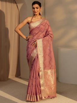 Libas - Womens Brown Embroidered Saree with Unstitched Blouse