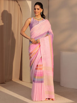 Libas - Womens Pink Colorblock Printed Saree with Unstitched Blouse